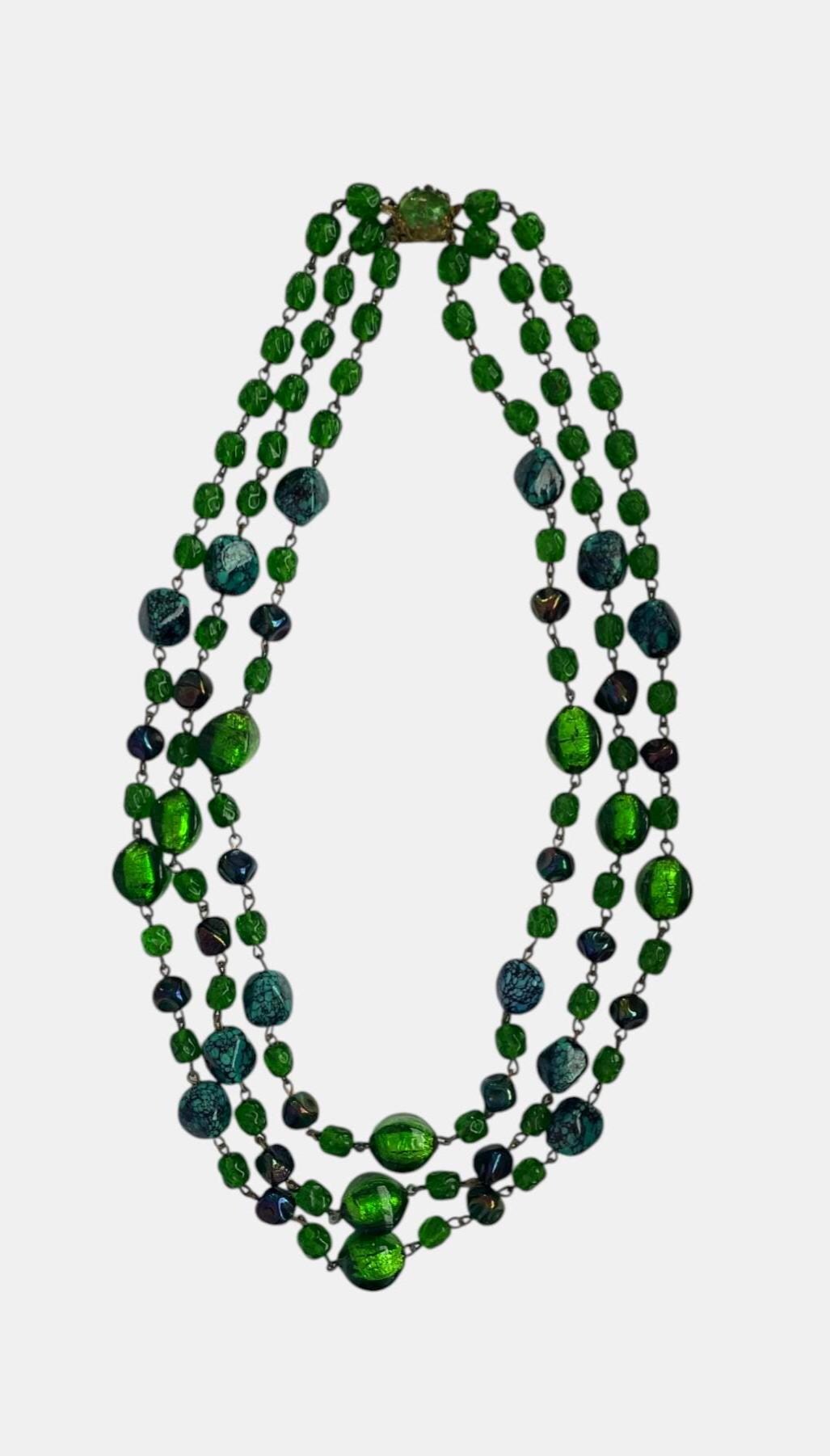 Vintage Emerald Green Glass Necklace, 3 Strand Art Deco Style Statement Necklace, Foil Glass & Turquoise Look Synthetic Beads