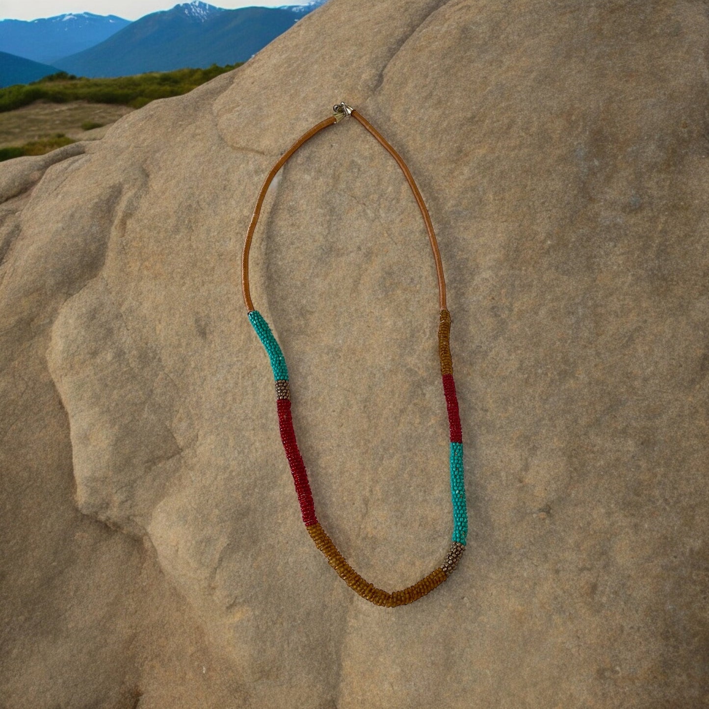 Stunning silk wrapped earth tone beaded long vintage necklace