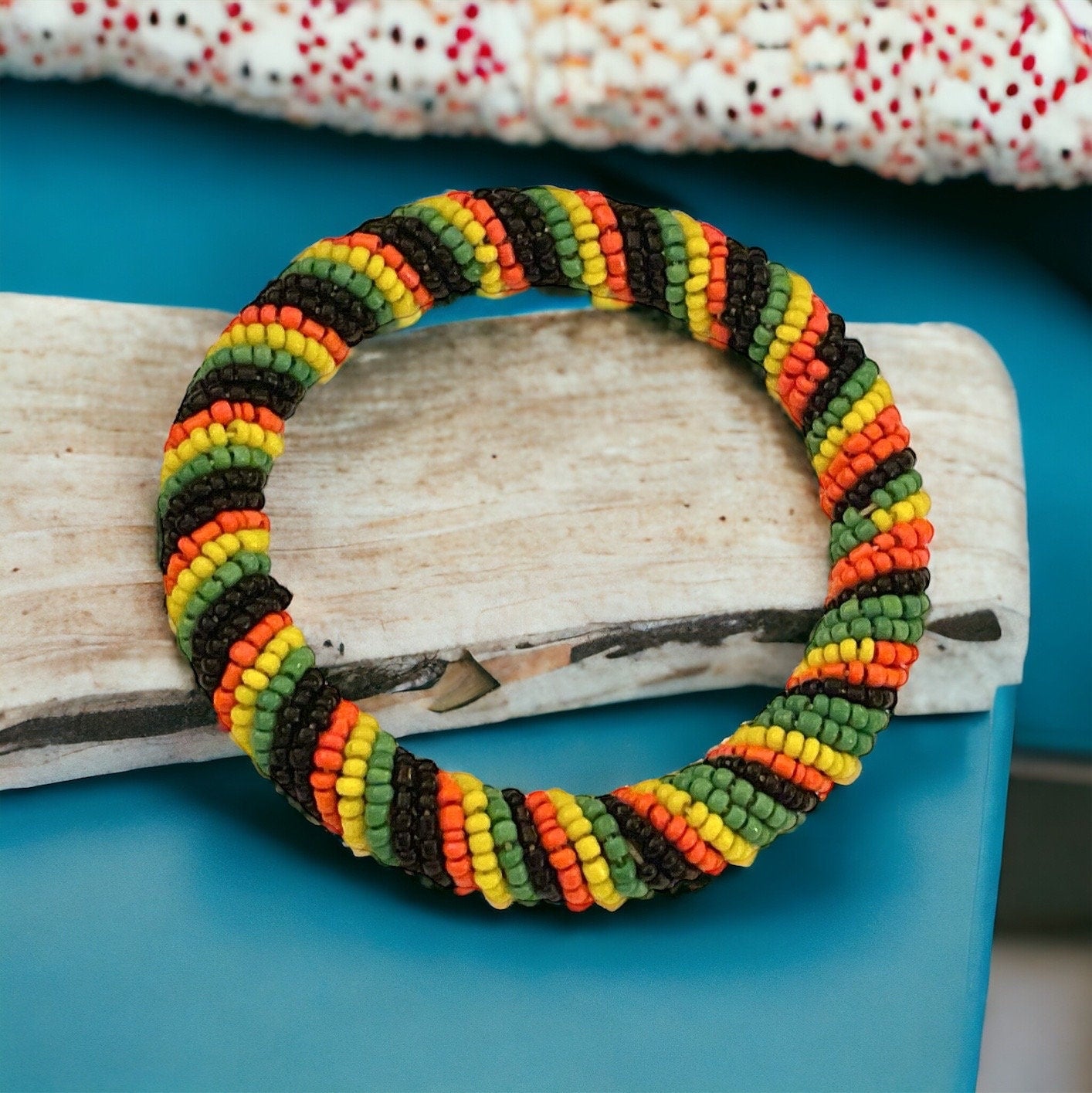 Seed beaded vintage bangle bracelet - Orange, yellow, green and black