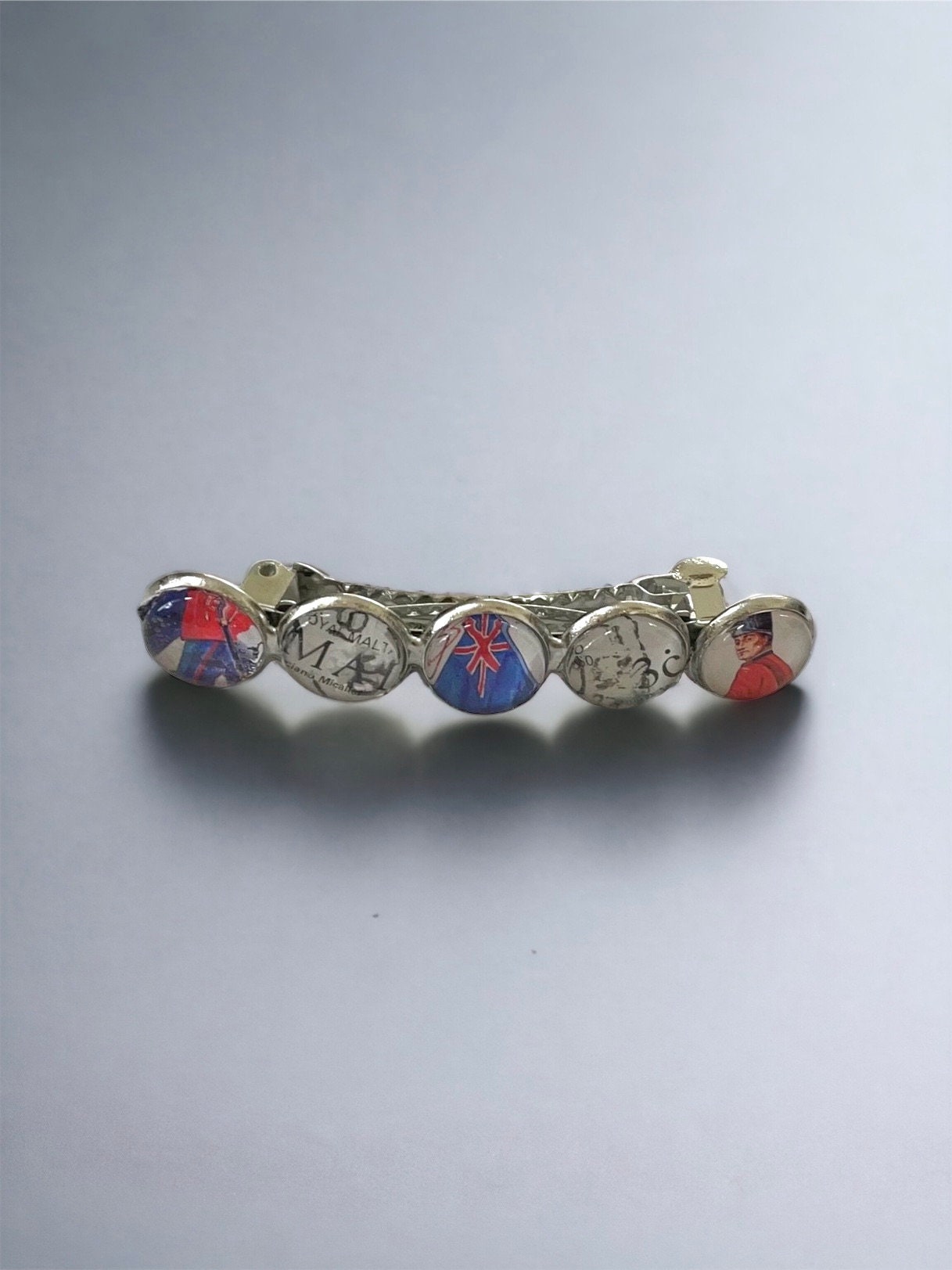 Unique handmade Hair barrette - made from postage stamps from Britain, England, United Kingdom, UK