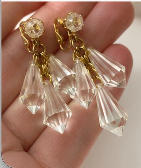 Vintage Clear Acrylic Prism Clip-On Earrings | Mid Century Chandelier Earrings | Faceted Lucite Style Statement Earrings