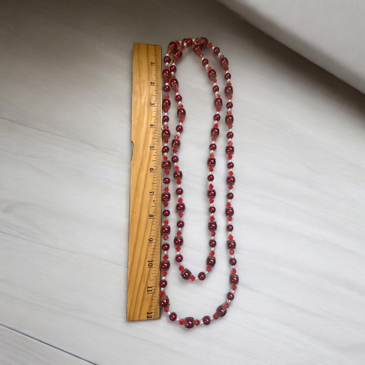 Long vintage red pearl necklace with red bicone crystals and white faux pearls