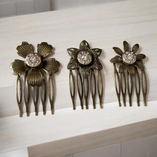 Set of 3 Rhinestone Metal Flower Hair Combs – Handmade 1.5" x 1" Bridal, Formal or everyday casual Hair Accessories