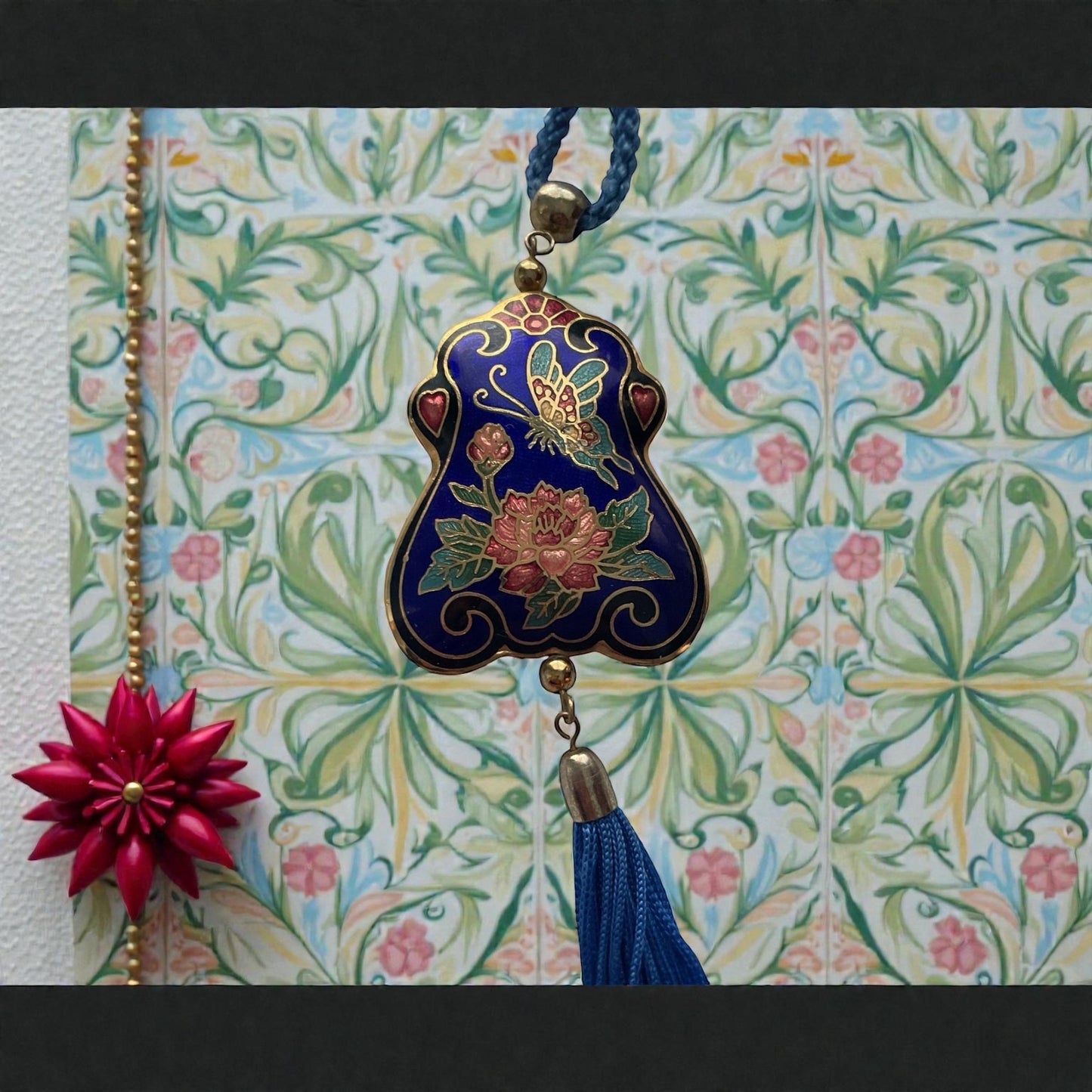 Vintage Cloisonné Floral Tassel Necklace Blue Enamel Asian Pendant