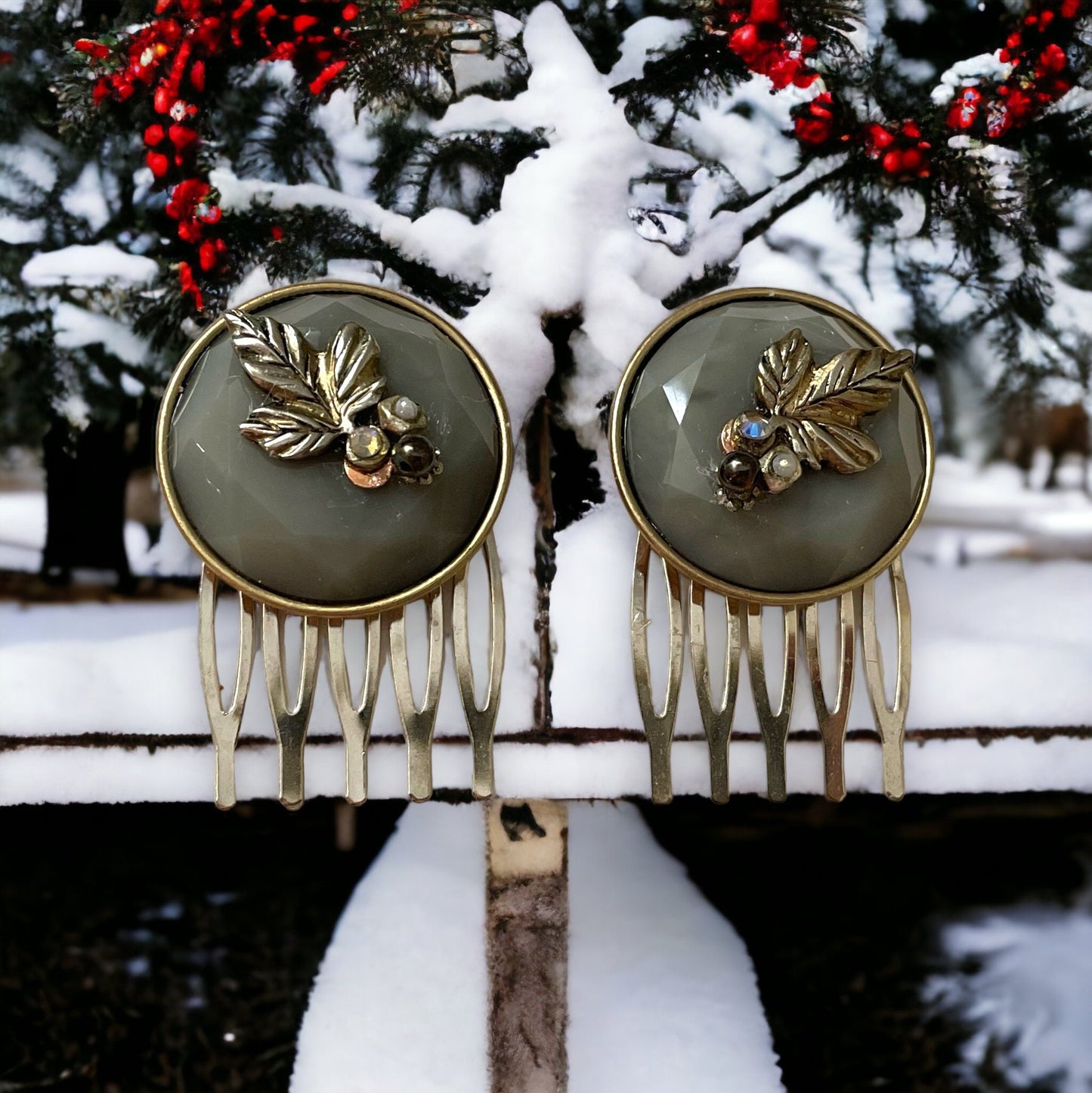 Pair of small 1" silvery gray round hair combs with silver leaves, rhinestones, faux baby pearls and upcycled metal components