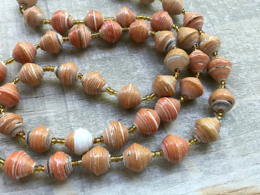 Unique orange vintage artisan necklace - beads look like porcelain but are actually made of rolled paper that's been painted & sealed