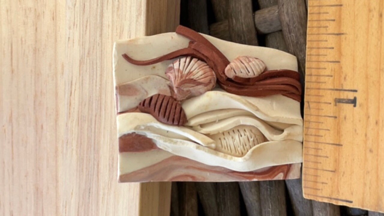 Stunning pottery clay artisan beach themed hand sculpted pin - with sculpted sea shells and more - signed