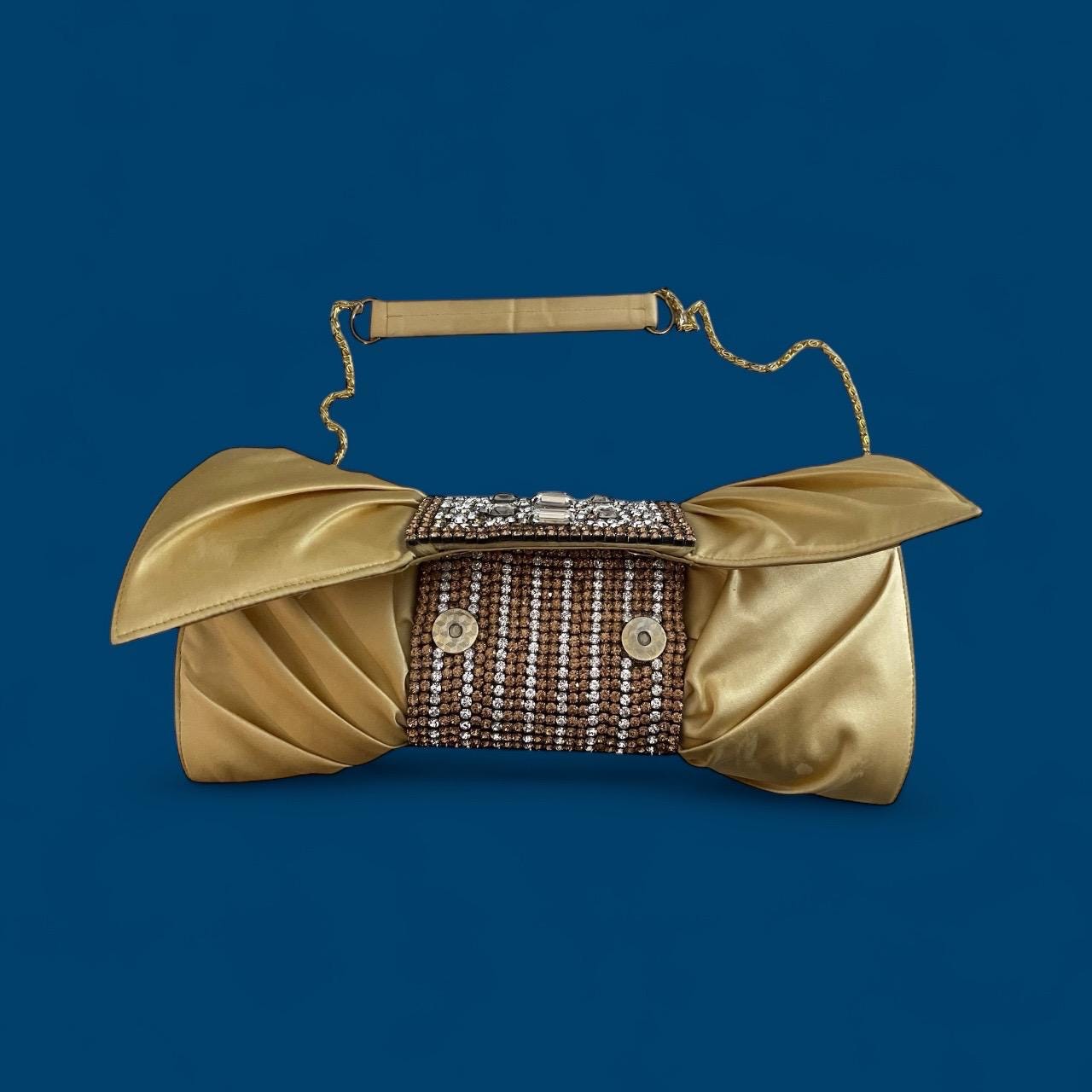 Gold Satin Clutch – Designer Evening Bag with Hand-Set Crystals & Bow Silhouette