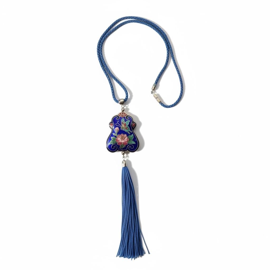 Vintage Cloisonné Floral Tassel Necklace Blue Enamel Asian Pendant