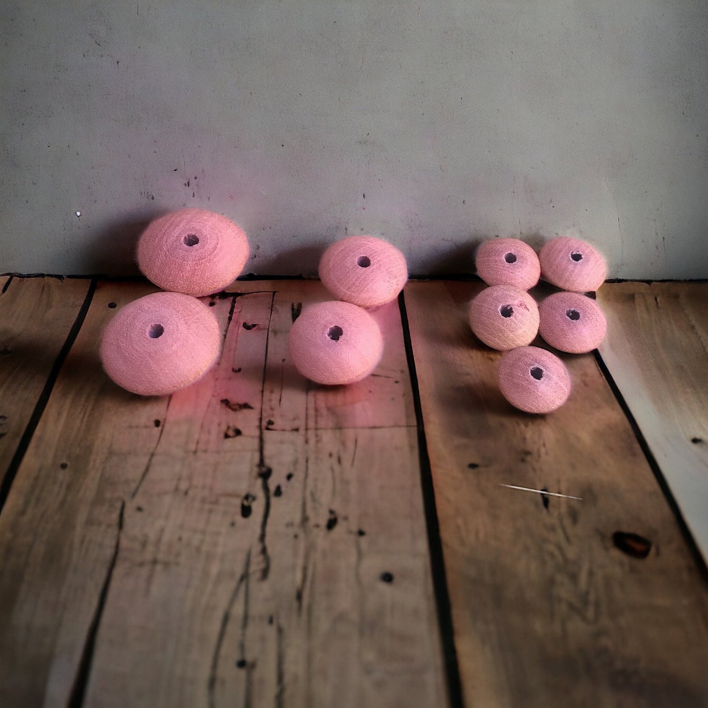 Pink wood saucer-shaped vintage beads - 9 beads total exactly as pictured