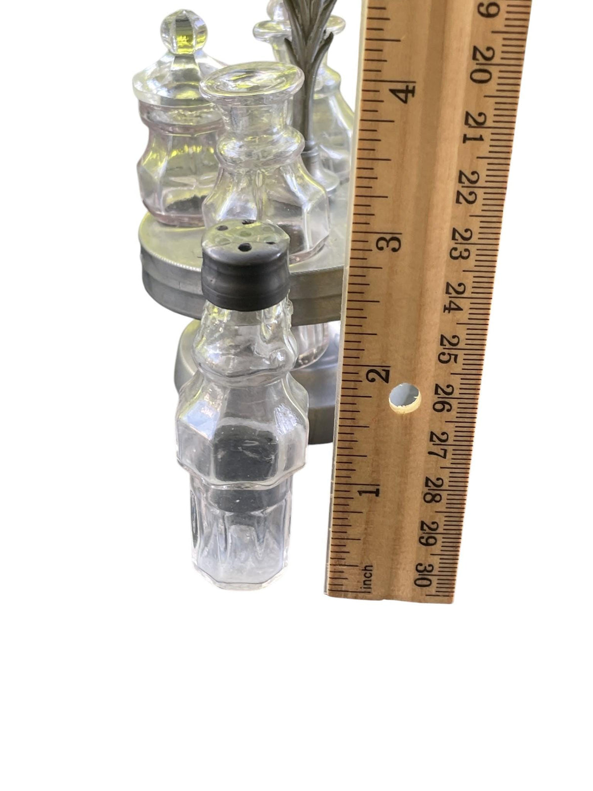 Vintage Glass Cruet Set with Metal Carousel Stand | 4 Piece Condiment Set | Salt Pepper Oil Vinegar Tableware