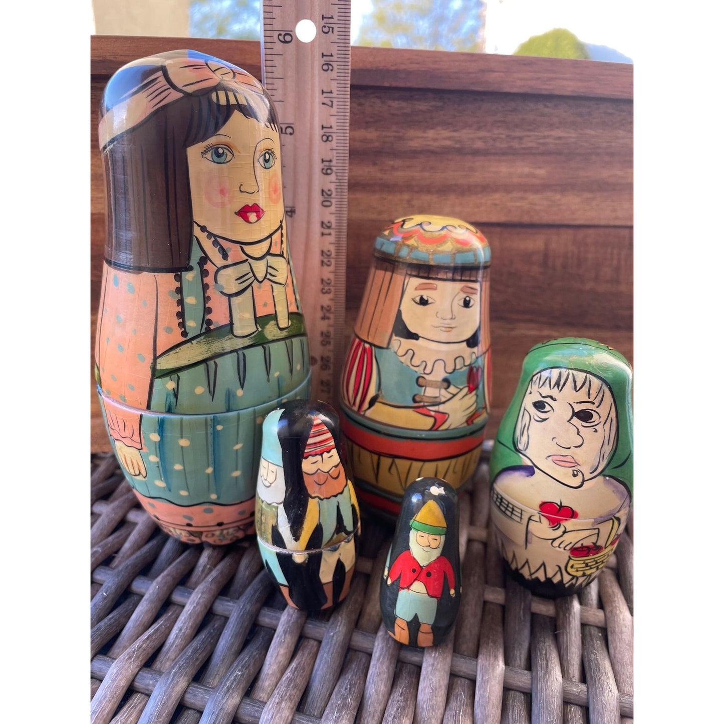 Set of five vintage handmade, hand signed Matryoshka stacking nesting Dolls