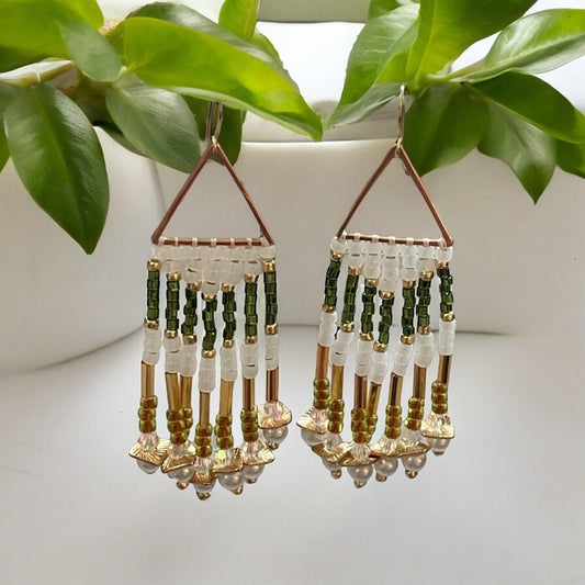 Hand beaded stunning dangle  earrings - emerald green and gold with white faux pearls