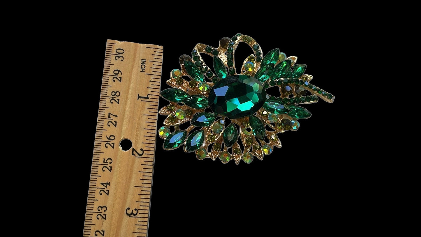 Stunning large emerald green and AB rhinestone vintage pin - 3 1/2" x 2"