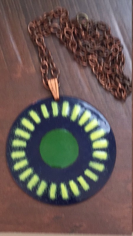 Unique mid century modern vintage enamel on copper necklace - blue, green and yellow