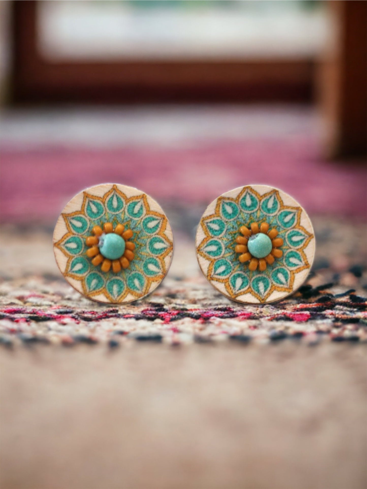 Stunning beadwork mandala stud earrings - turquoise, yellow and cream
