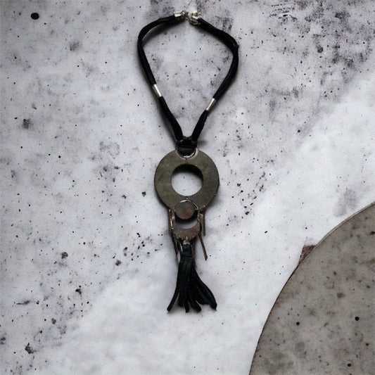 Unique vintage necklace with black suede and silvertone metal