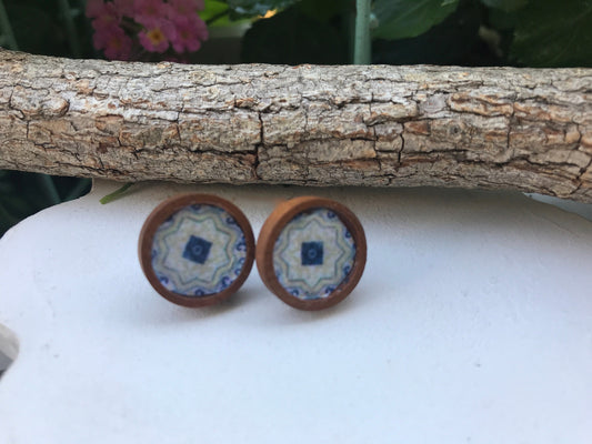One pair of wooden stud earrings with faux tile inspired by Morocco, Italy and Portugal - 12mm round