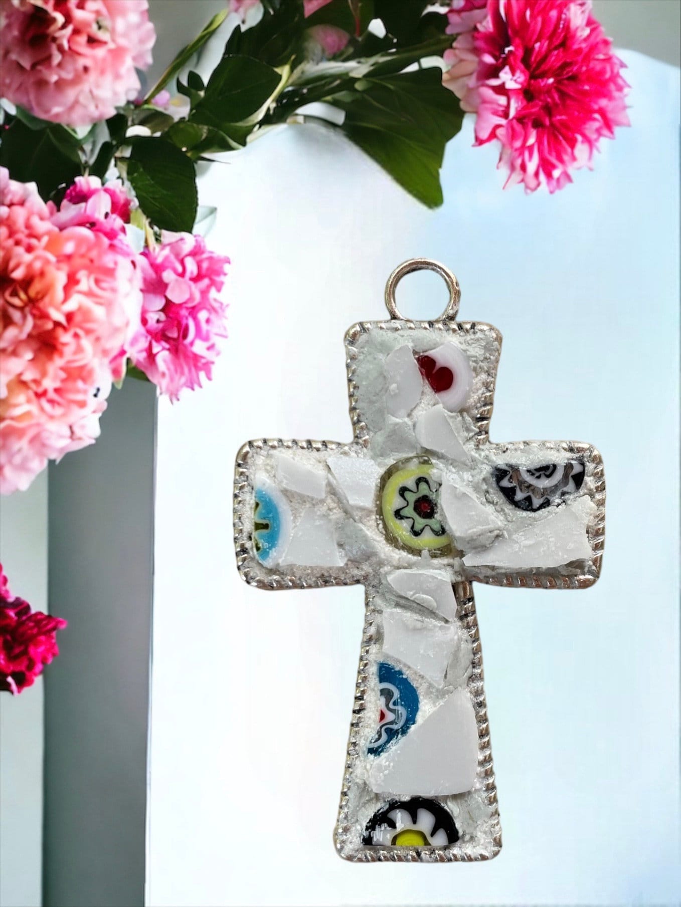 My handmade mosaic cross necklace - made from hand cut pieces of a broken vintage dish with millefiori glass