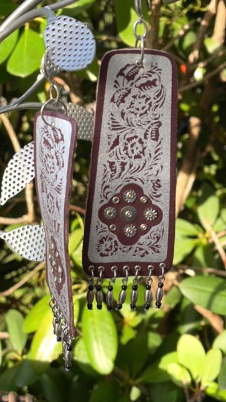 Unique vintage artisan handmade leather dangle earrings