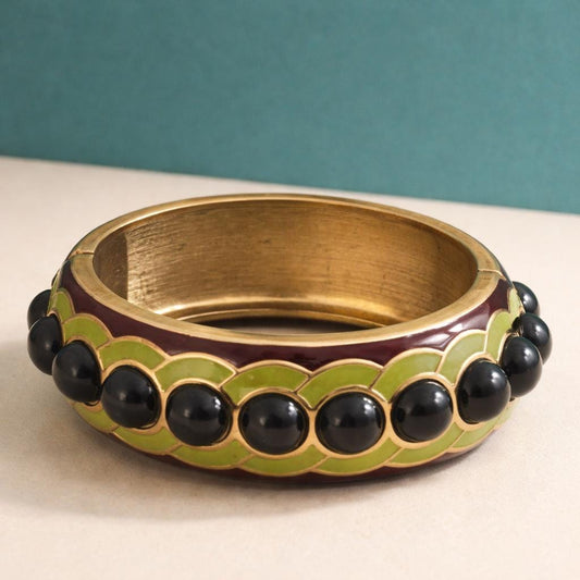 Vintage Green Enamel Clamper Bracelet with Black Cabochon Stones | Gold Tone Hinged Bangle | Retro Statement Jewelry