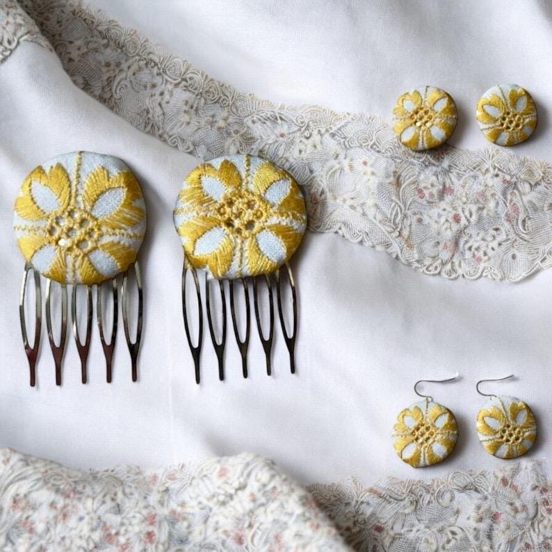 Choice of stud earrings, dangle earrings, hair combs, shanked buttons or pins all hand made from a vintage linen embroidered table runner