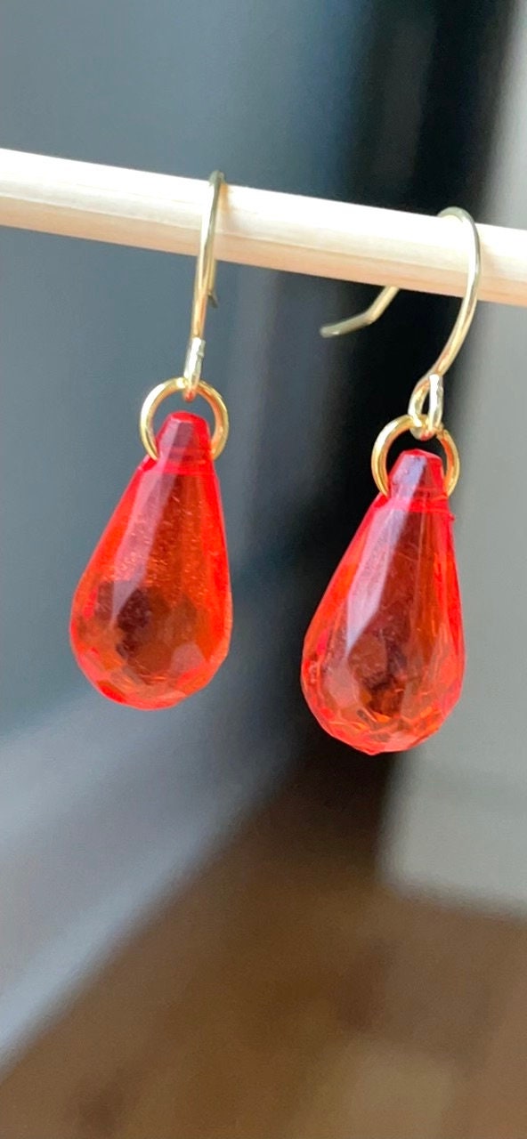 Simple upcycled orangish red faux crystal teardrop dangle earrings