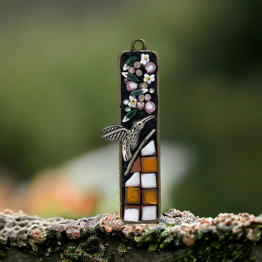 Handmade mixed material mosaic necklace - hand cut Italian millefiori glass flowers, tile, metal, bird