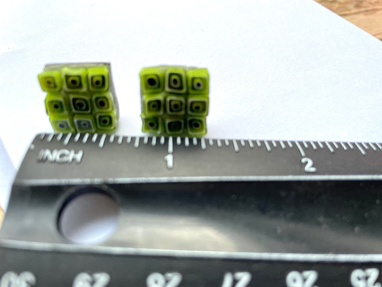 Small handmade lime green squares micro mosaic glass half-inch stud earrings