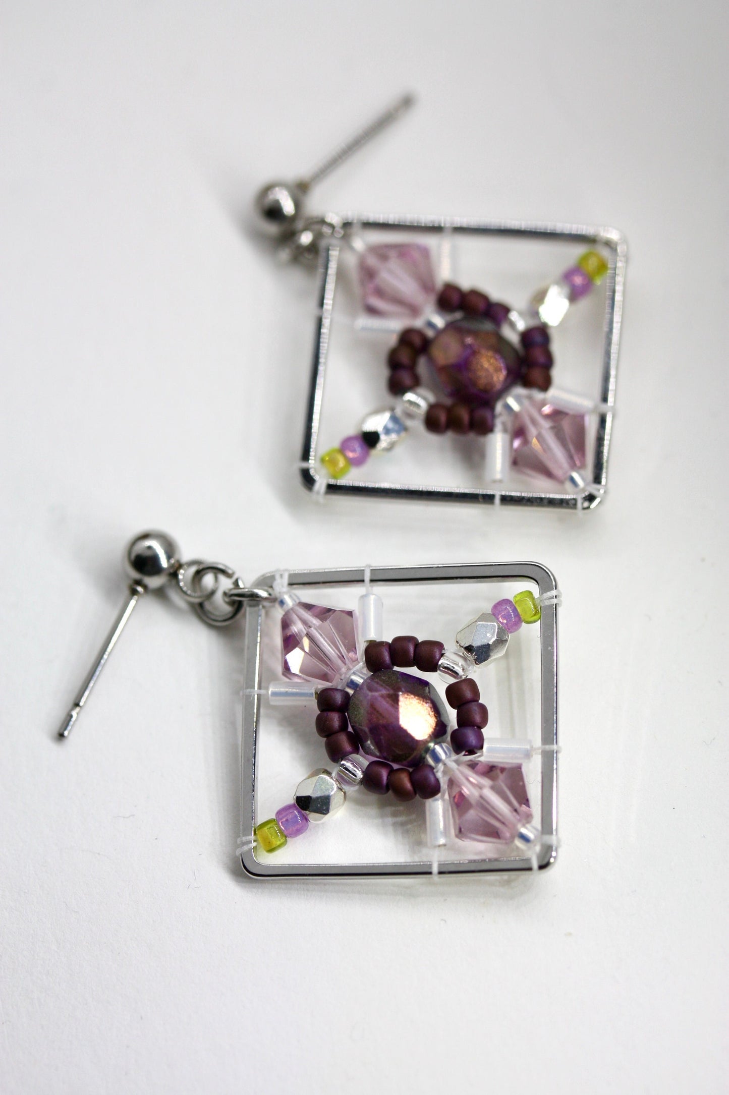 Purple, green and pink crystal and intricate beadwork small square dangle earrings