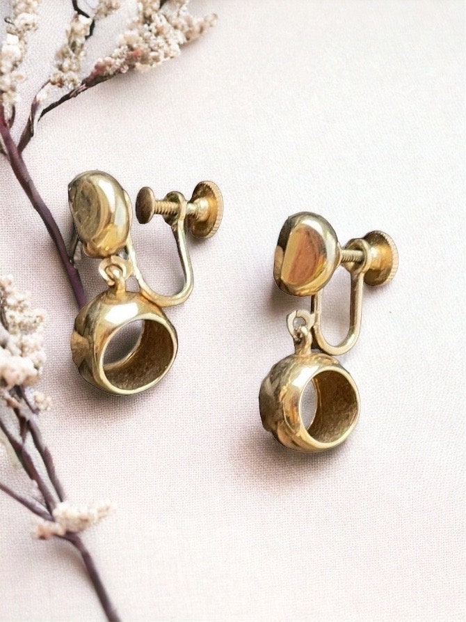 Unique gold hollowed small hoop dangle earrings - screwback clip earrings