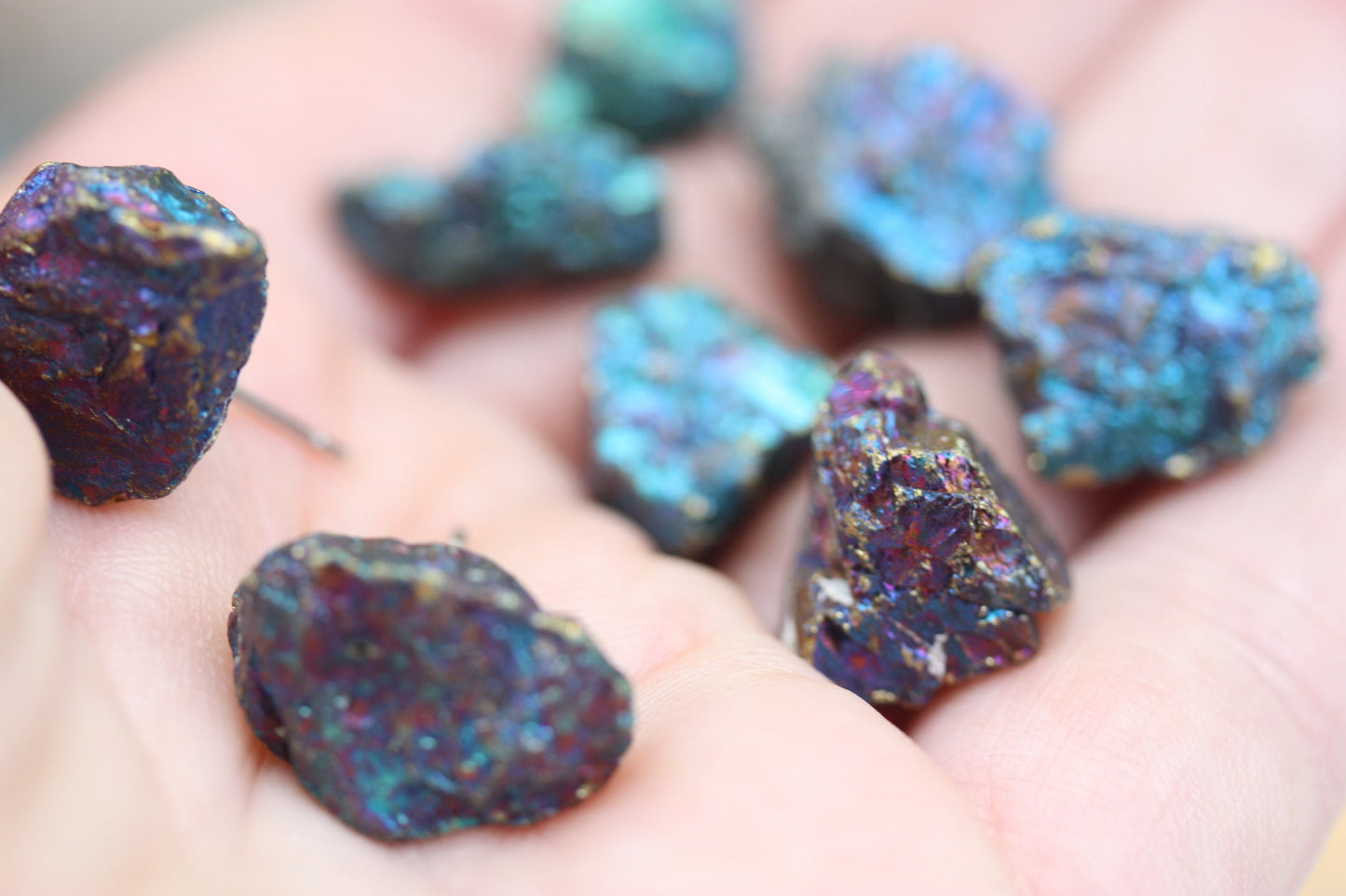 Stunning peacock ore stone stud earrings - considered a stone of happiness and joy that helps channel happiness to yourself & others