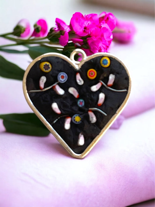 Handmade micro mosaic heart shaped flower garden necklace  - made of handcut pieces of Italian millefiori glass and wire