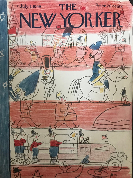 RARE: The NEW YORKER magazine cover only - July 2, 1949 - America, Independence Day Parade, fire trucks, marching bands