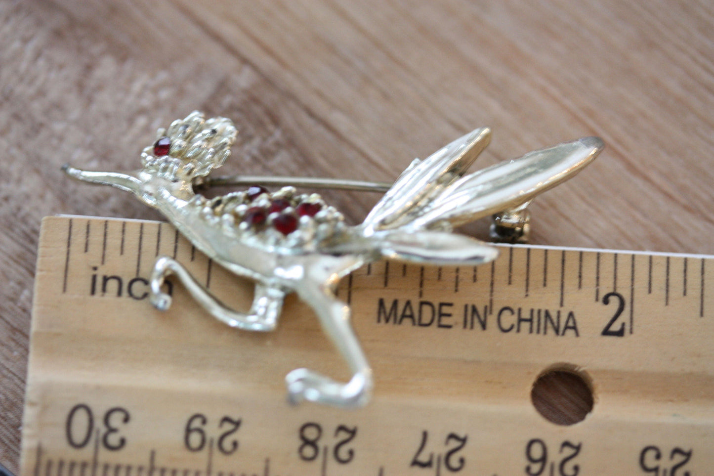 Unique red rhinestone vintage bird pin- silver with red rhinestones
