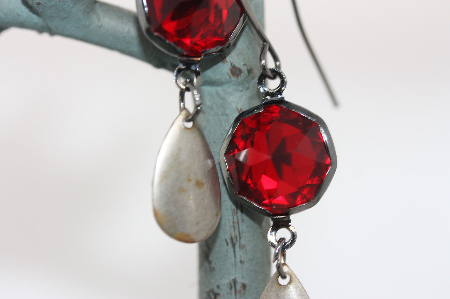 Faceted red glass earrings made of both new and vintage components