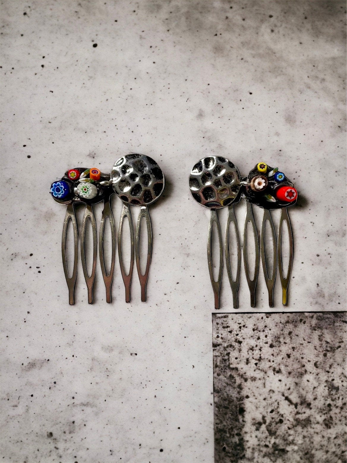 Pair of one-of-a-kind handmade Italian glass micro mosaic hair combs with millefiori