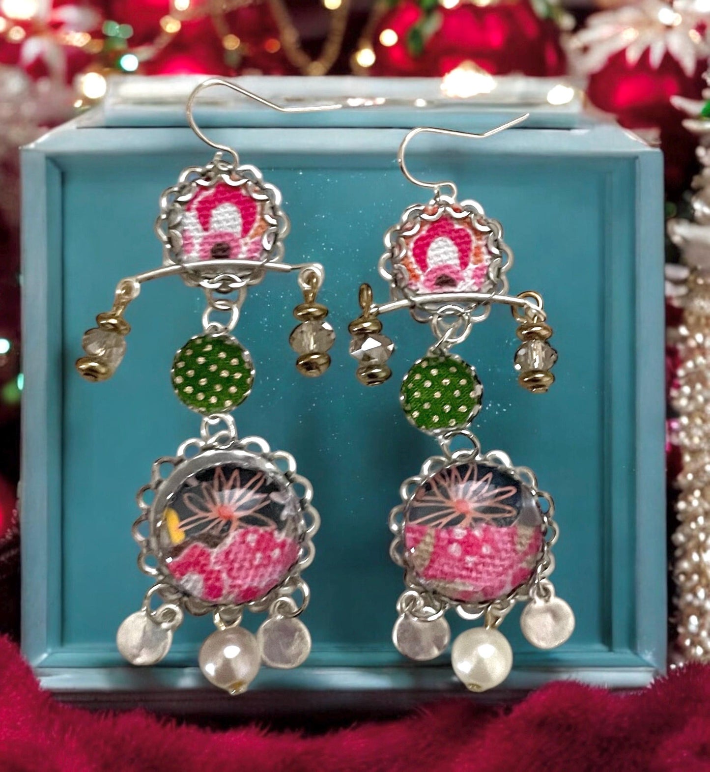 Handmade mixed media earrings made with fabric, paper, hammered metal, mixed metals, crystals and faux pearls.  Sterling ear wires.