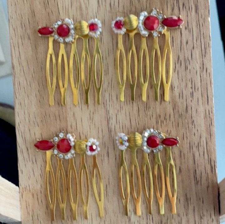 Pair of handmade beadwork and rhinestone mini metal hair combs