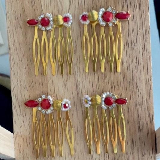 Pair of handmade beadwork and rhinestone mini metal hair combs