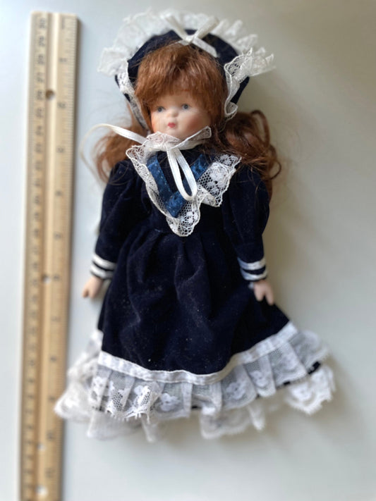 Vintage porcelain doll - red hair, royal blue velvet dress