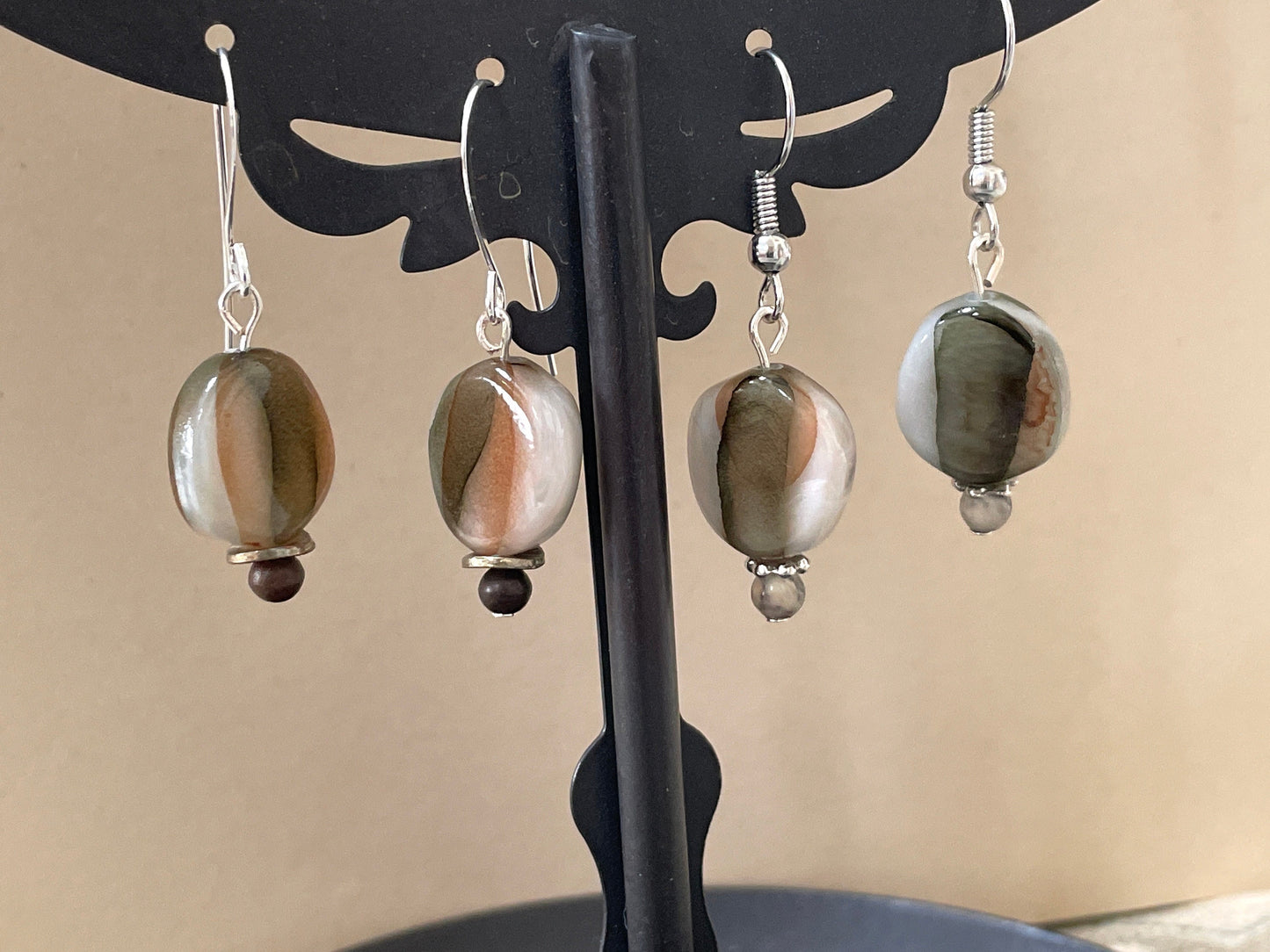 Mixed material dangle earrings - swirled glass, metal, stone, wood - option of sterling silver ear wires
