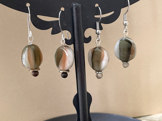 Mixed material dangle earrings - swirled glass, metal, stone, wood - option of sterling silver ear wires