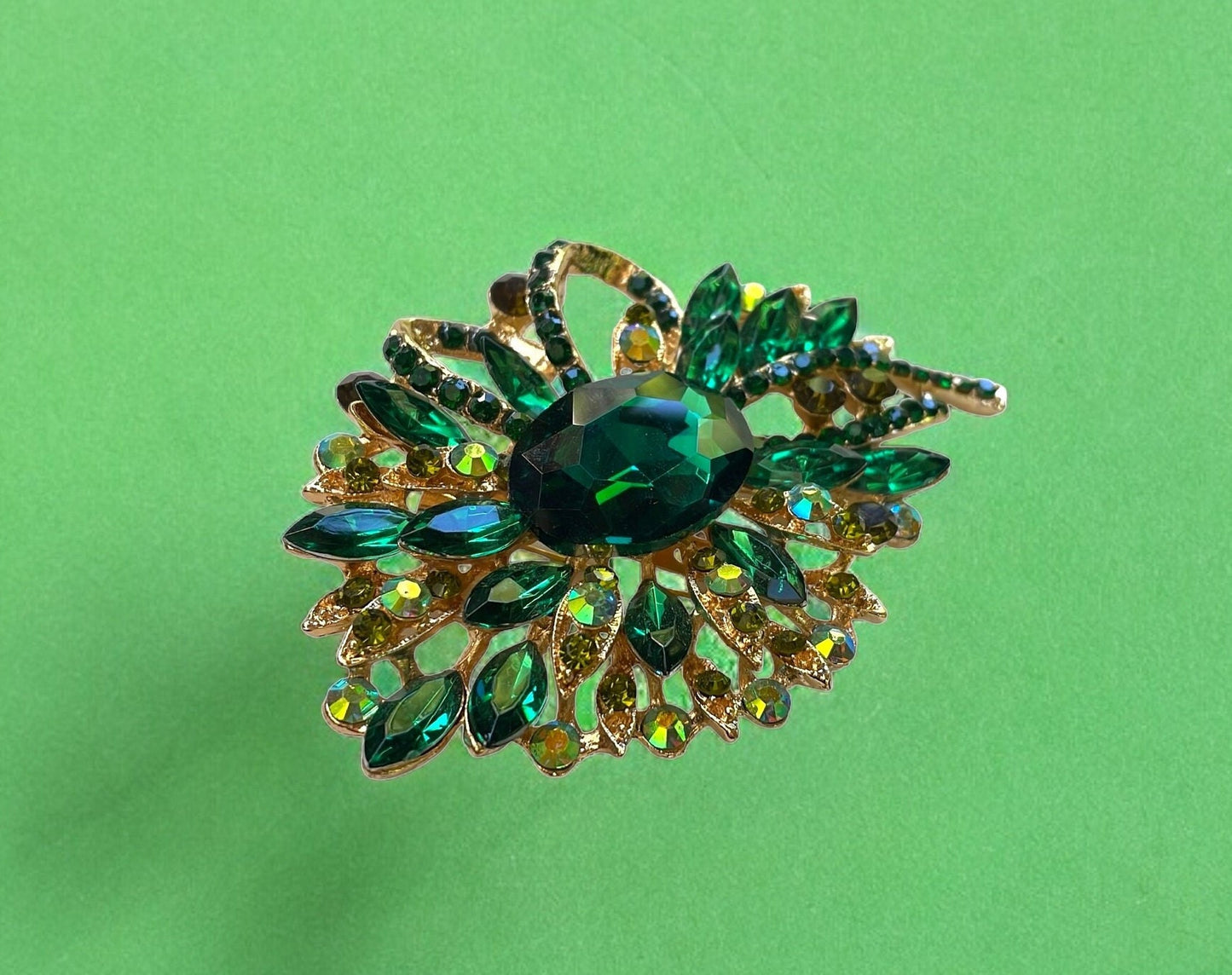 Stunning large emerald green and AB rhinestone vintage pin - 3 1/2" x 2"