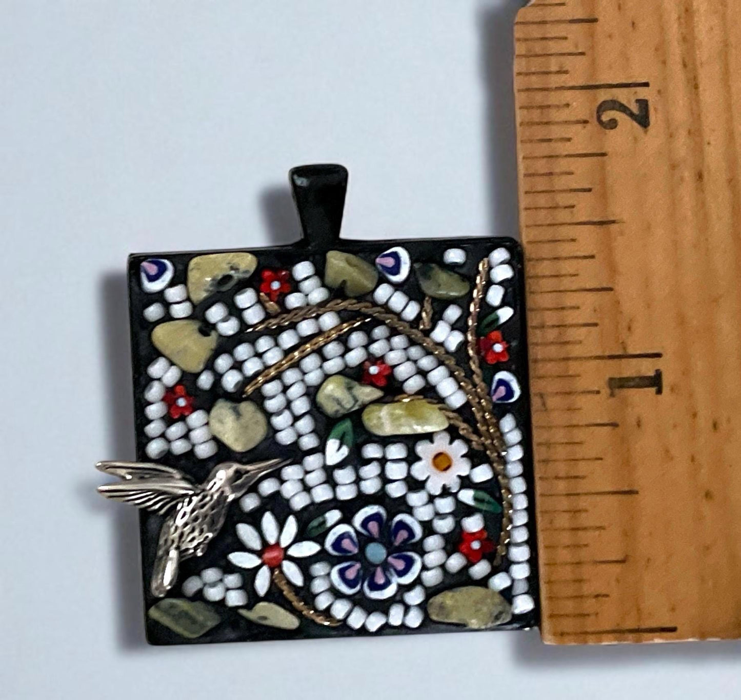 Nature-inspired necklace - handmade with hand cut inlaid murrini glass, seed beads, metal, gemstone chips and mixed materials - 1 & 1/2"