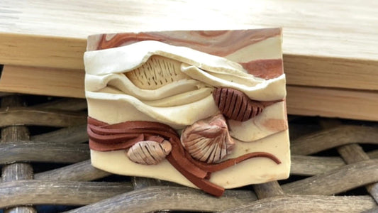 Stunning pottery clay artisan beach themed hand sculpted pin - with sculpted sea shells and more - signed