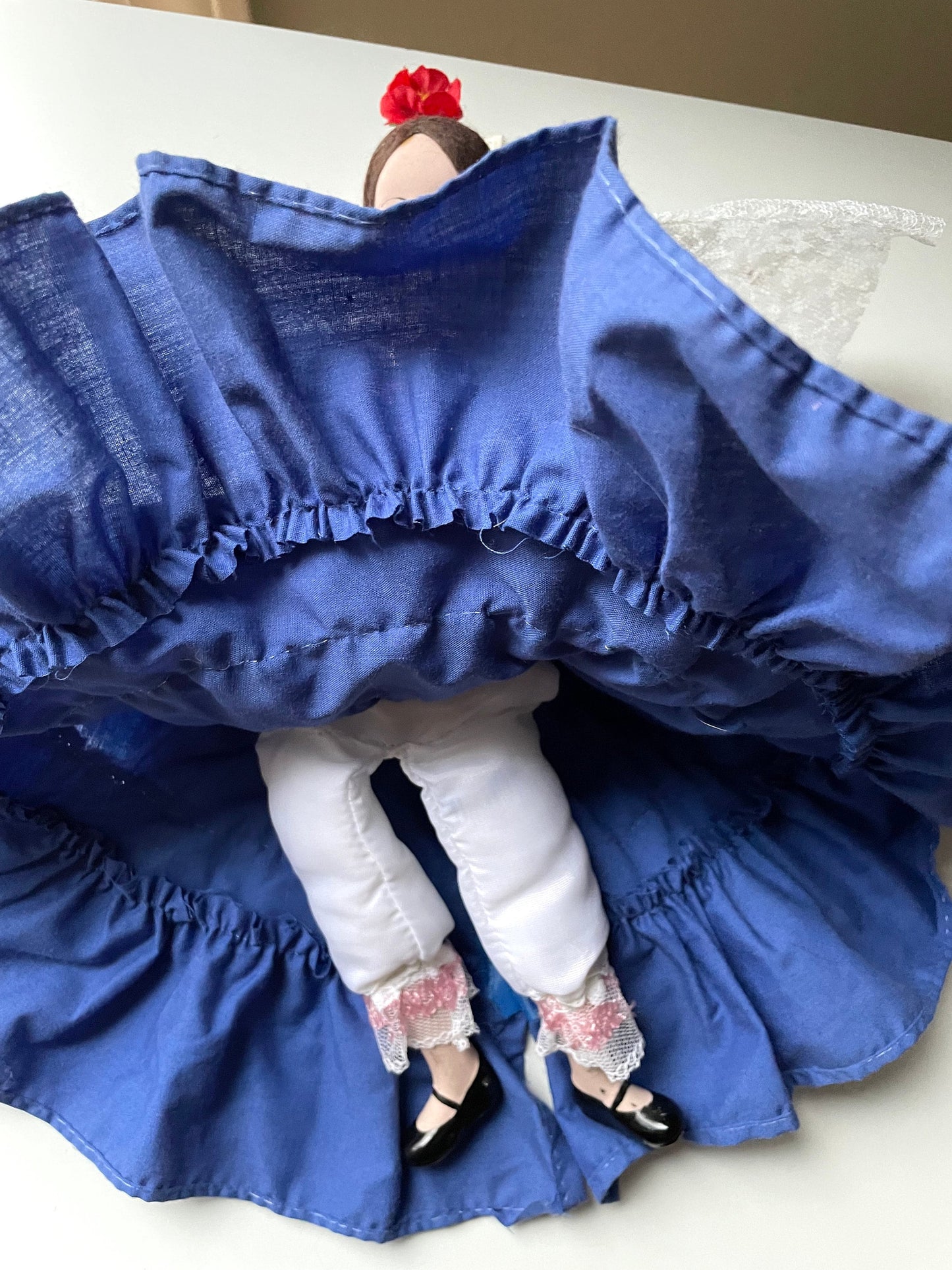 Stunning vintage Marin chiclana Spanish porcelain doll in beautiful royal blue dress with red hair flower and lace - from Valencia, Spain