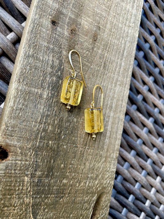 Rectangular yellow golden glass dangle earrings - with sloped ear wires