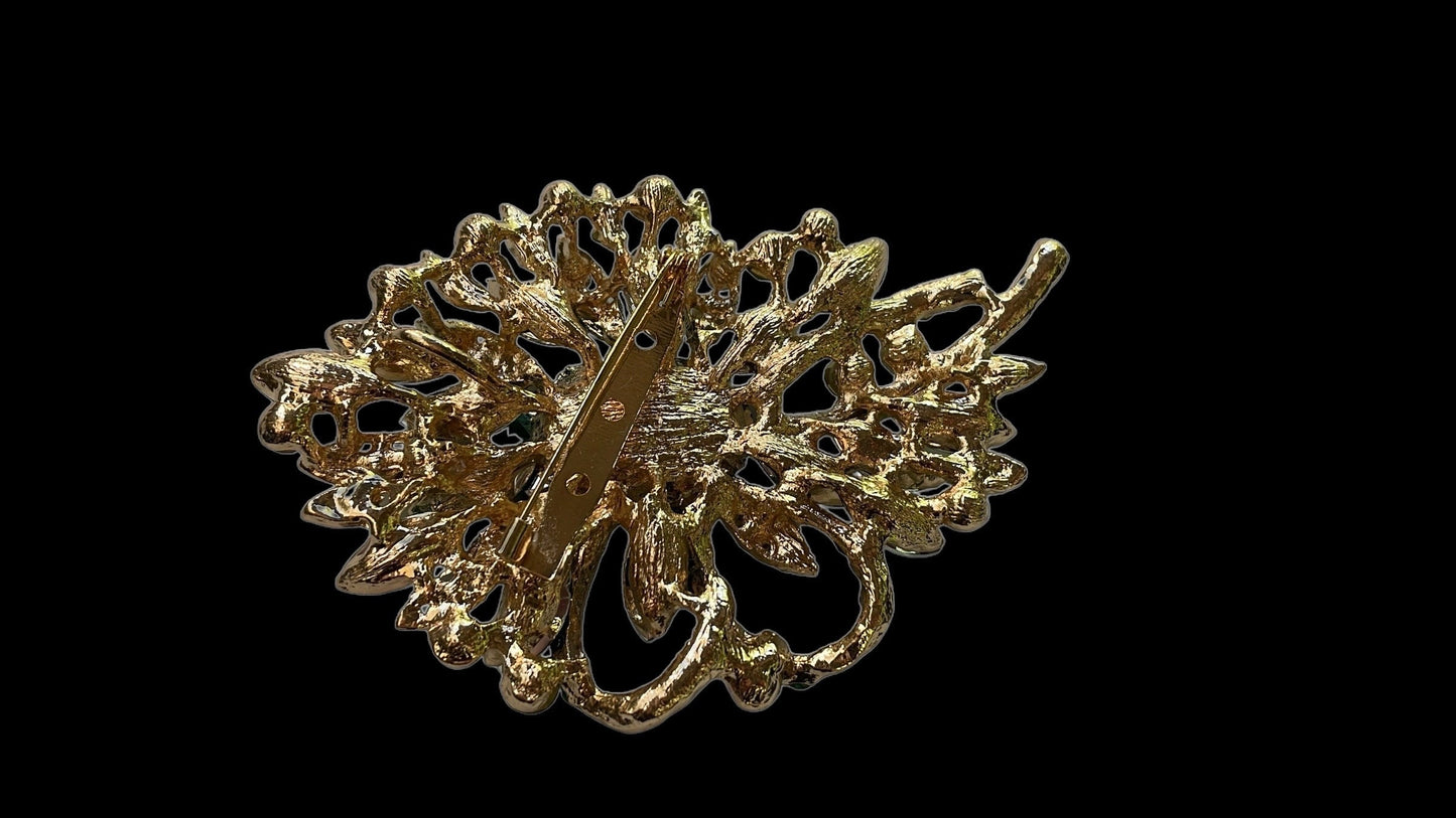Stunning large emerald green and AB rhinestone vintage pin - 3 1/2" x 2"