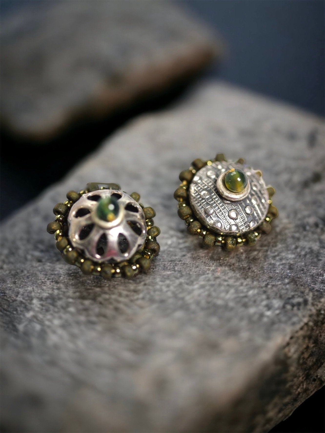 Mismatched mixed material hand beaded stud earrings - very unique - shades of green - handmade original beadwork